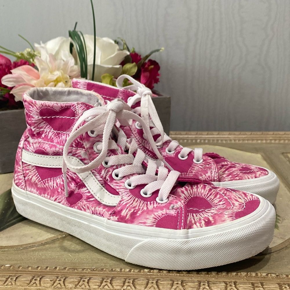 Vans Off the Wall Sk8-Hi Tapered Tie-Dye Hearts Fuchsia Pink Men 5.5 Women 7 - Picture 2 of 13
